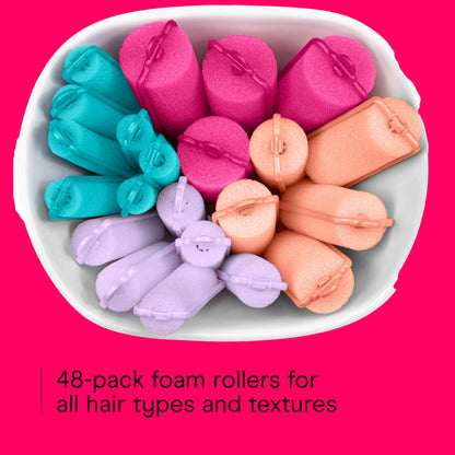 Clear zippered travel pouch filled with forty eight pieces of Conair foam curlers.