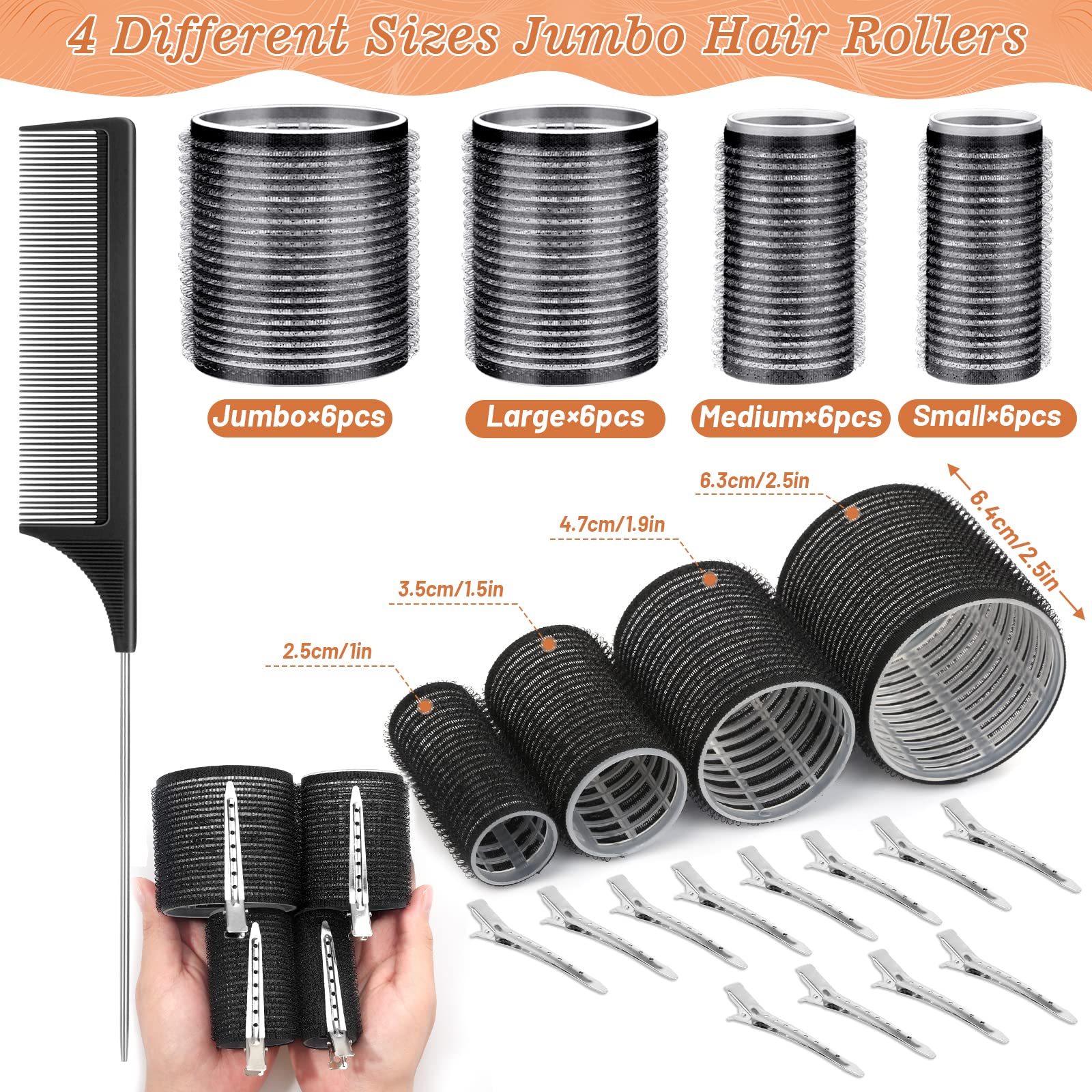 Four different sizes of black self grip rollers shown with stainless steel duckbill clips