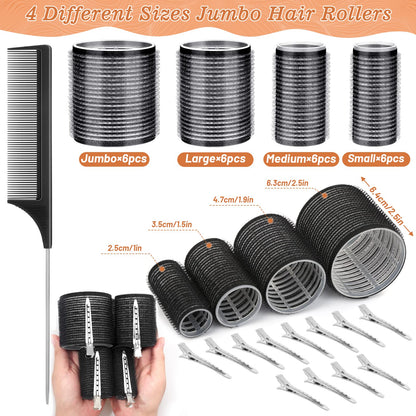 Four different sizes of black self grip rollers shown with stainless steel duckbill clips
