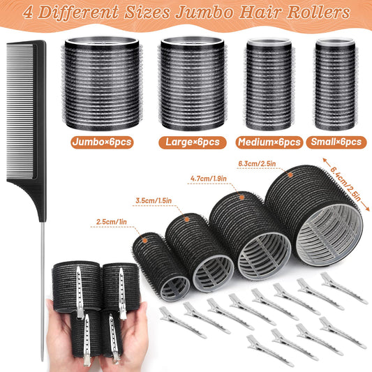 Four different sizes of black self grip rollers shown with stainless steel duckbill clips