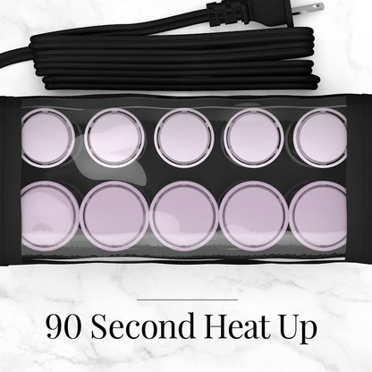 Remington compact hot rollers ten piece set arranged neatly for simple bathroom storage.