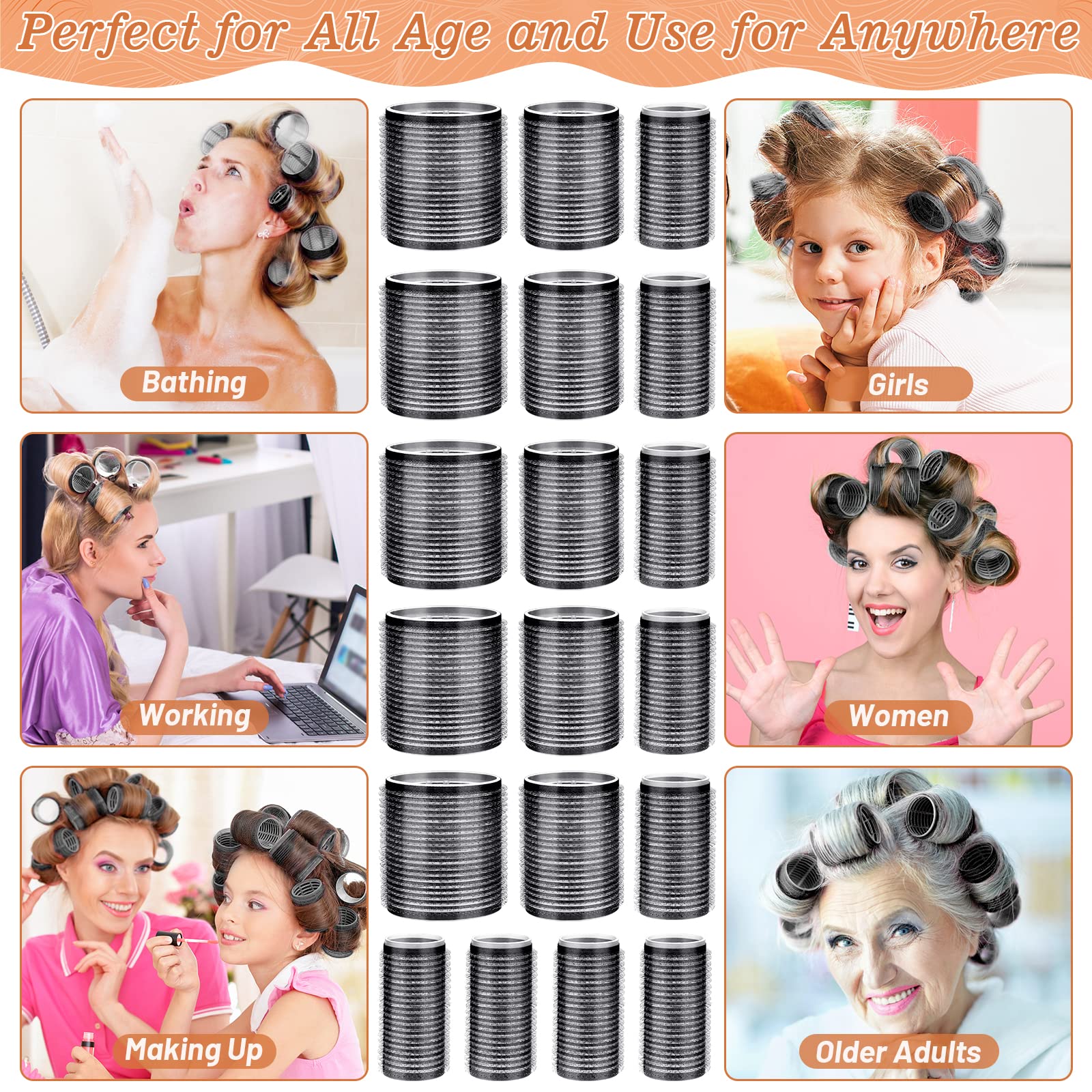Close up of the textured self holding surface of black heatless volume rollers