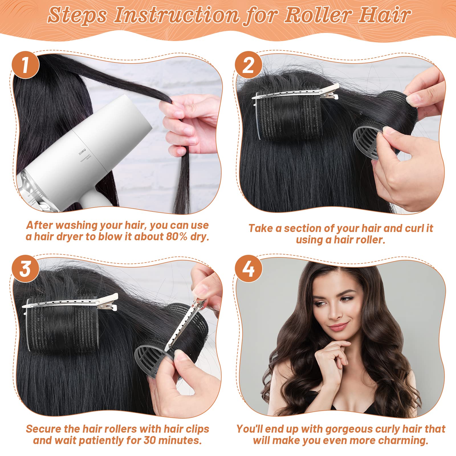 Complete twenty four piece heatless blowout kit with rat tail comb included