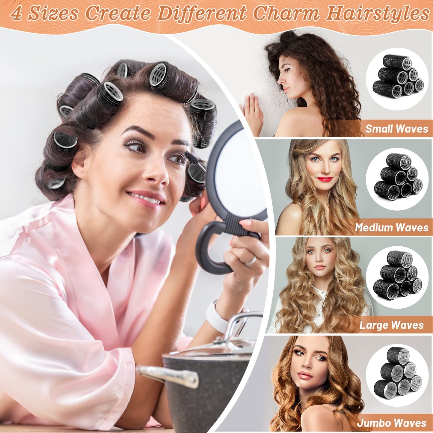 Jumbo and large self grip hair rollers demonstrating lift for thick fine hair