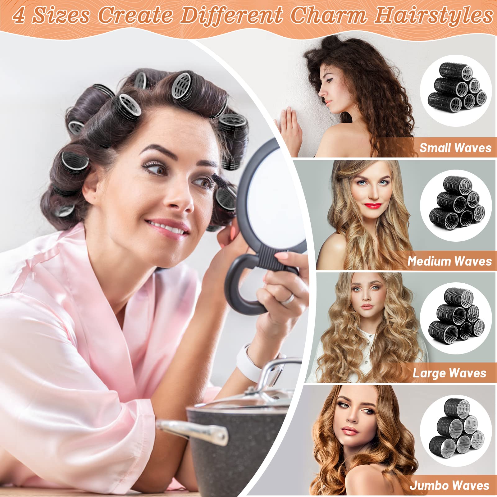 Jumbo and large self grip hair rollers demonstrating lift for thick fine hair