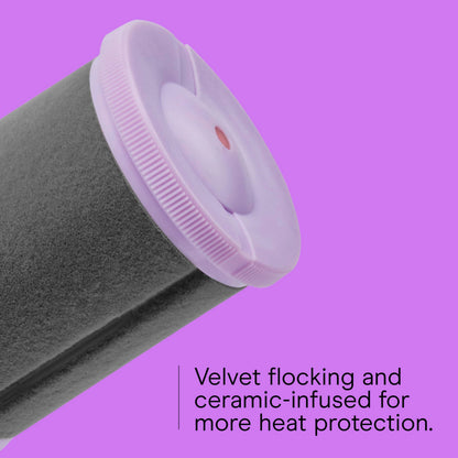 Close up view of the velvety purple flocking texture on the Conair xtreme instant heat rollers.