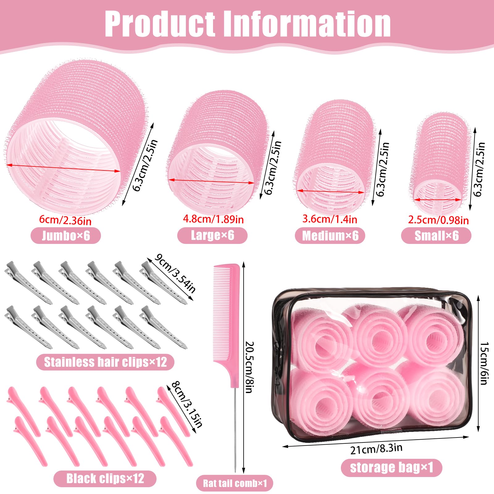 Four different sizes of pink velcro hair curlers arranged from twenty five millimetres to sixty millimetres.