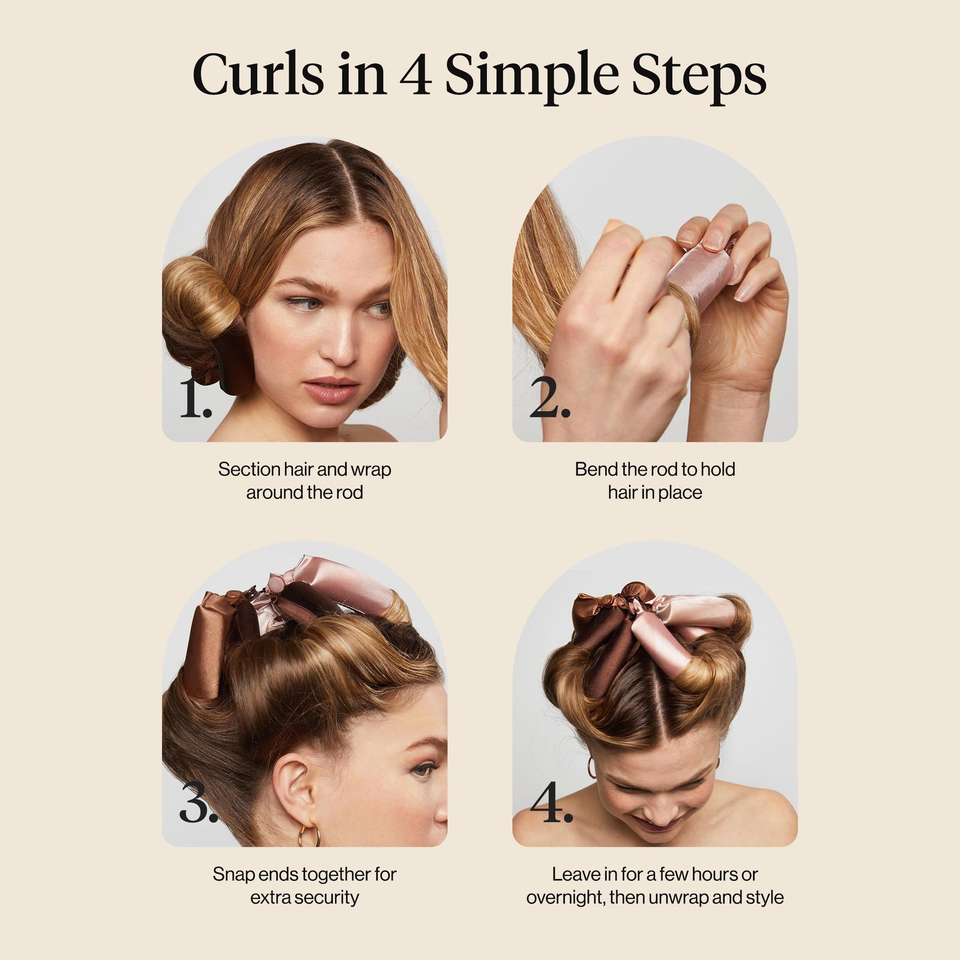 Side view of four pieces of Kitsch satin hair curlers to sleep in safely.