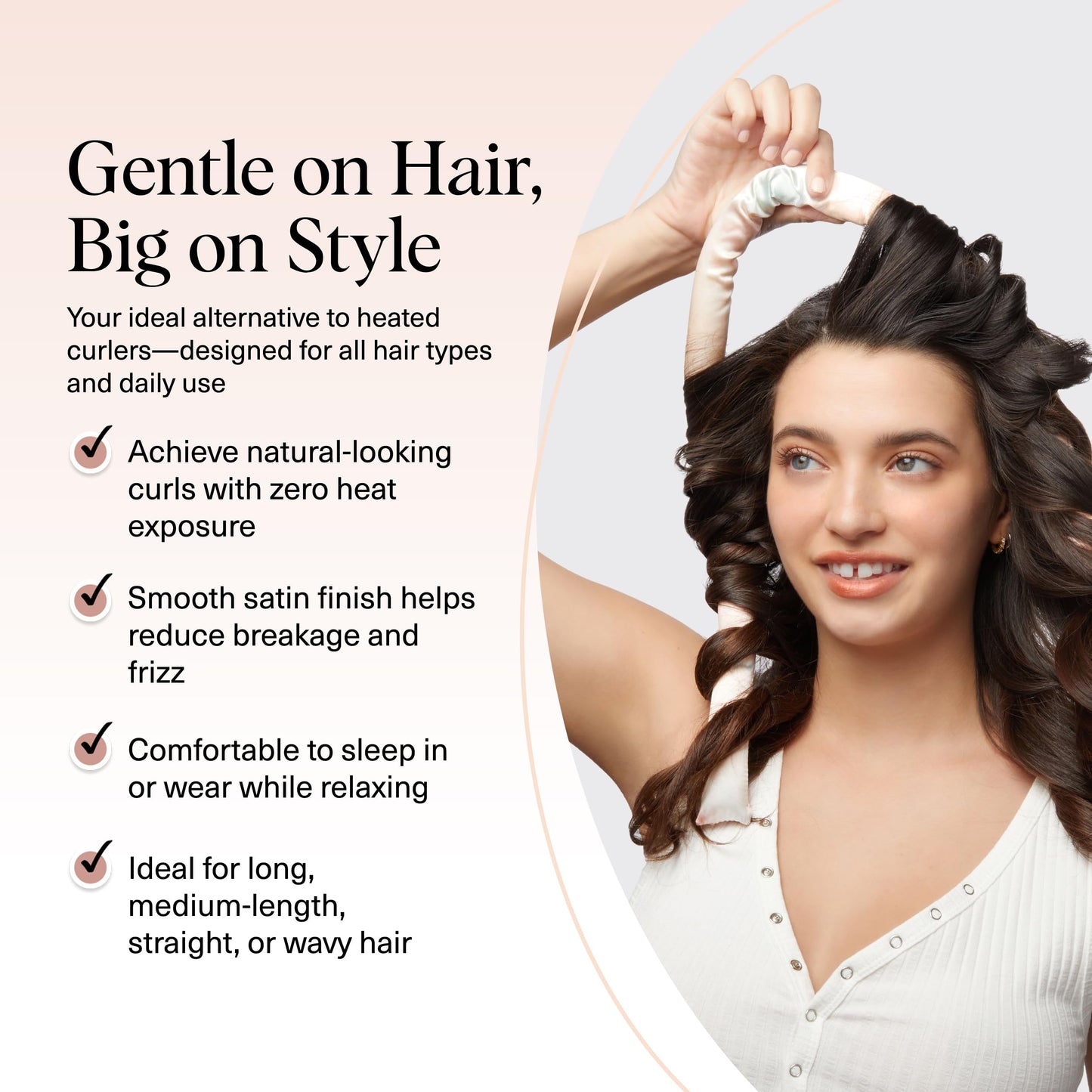 Model showcasing how to wrap hair around the thirty four inch heatless styling rod.