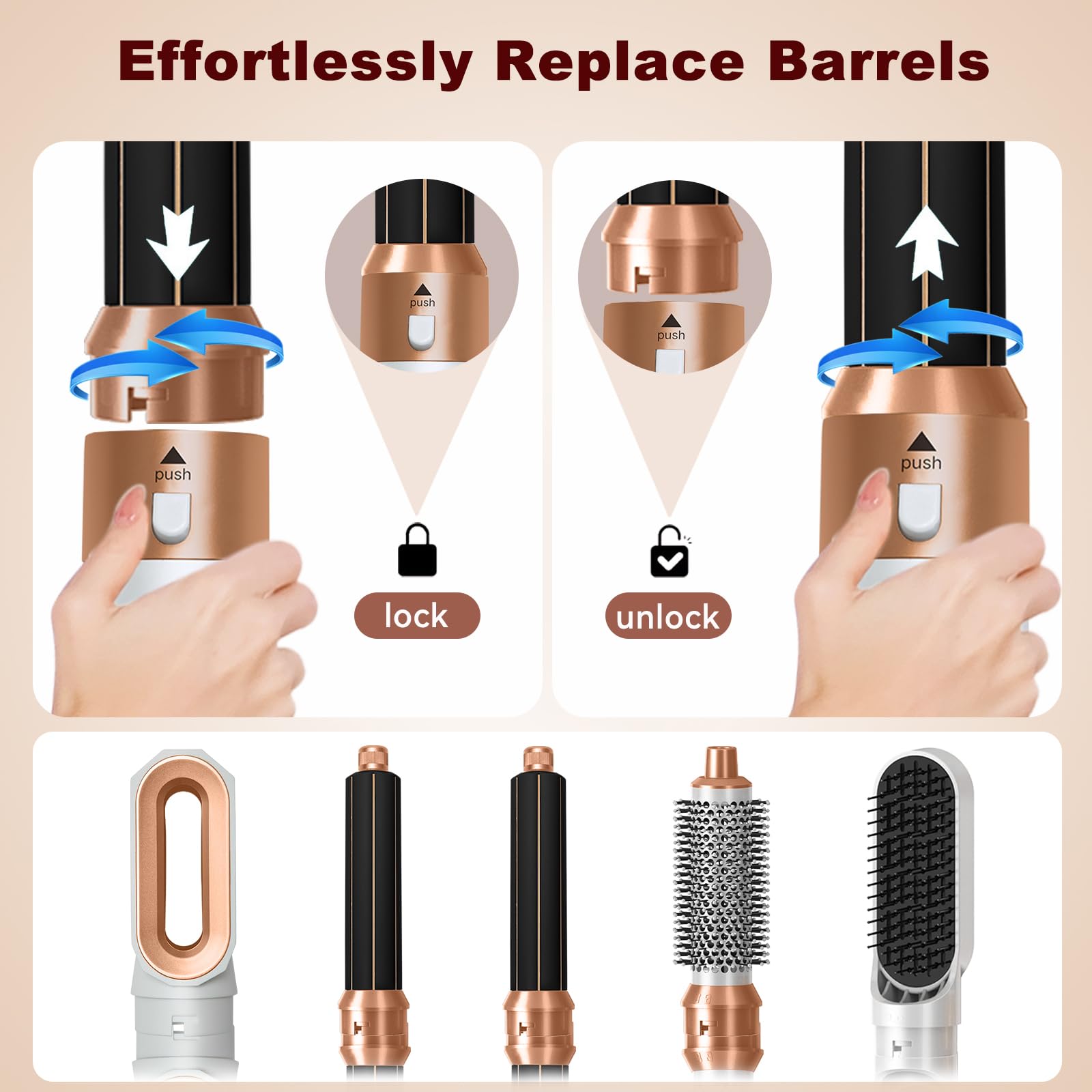 Authentic Roll With Us Depot multi functional hot air brush with its protective thermal glove for safe heat styling.