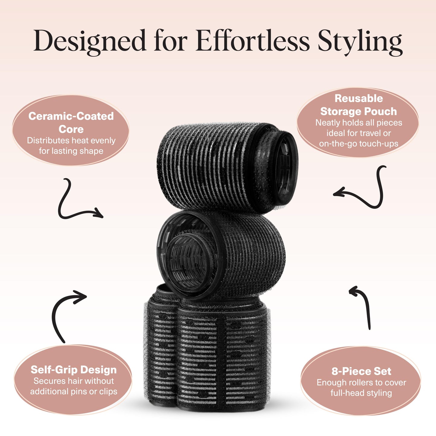 Authentic USA imported Kitsch black hair rollers in assorted sizes