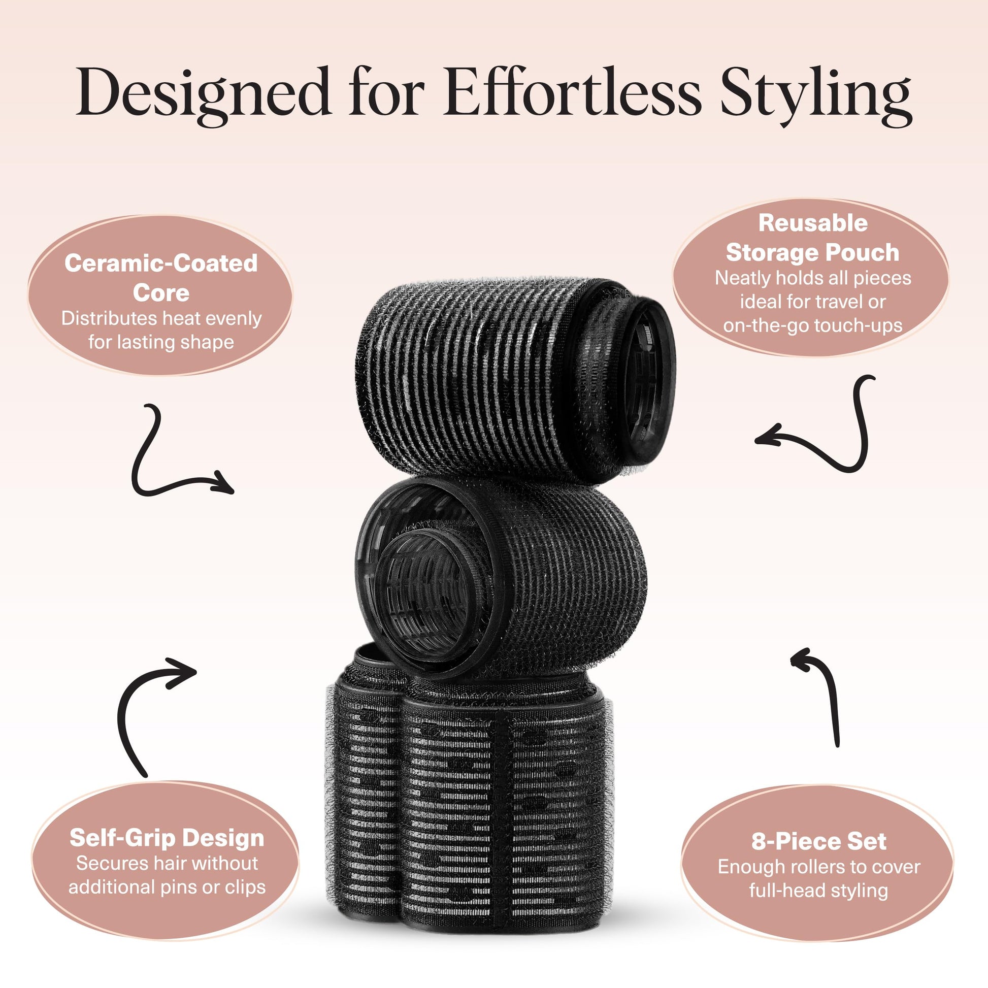 Authentic USA imported Kitsch black hair rollers in assorted sizes