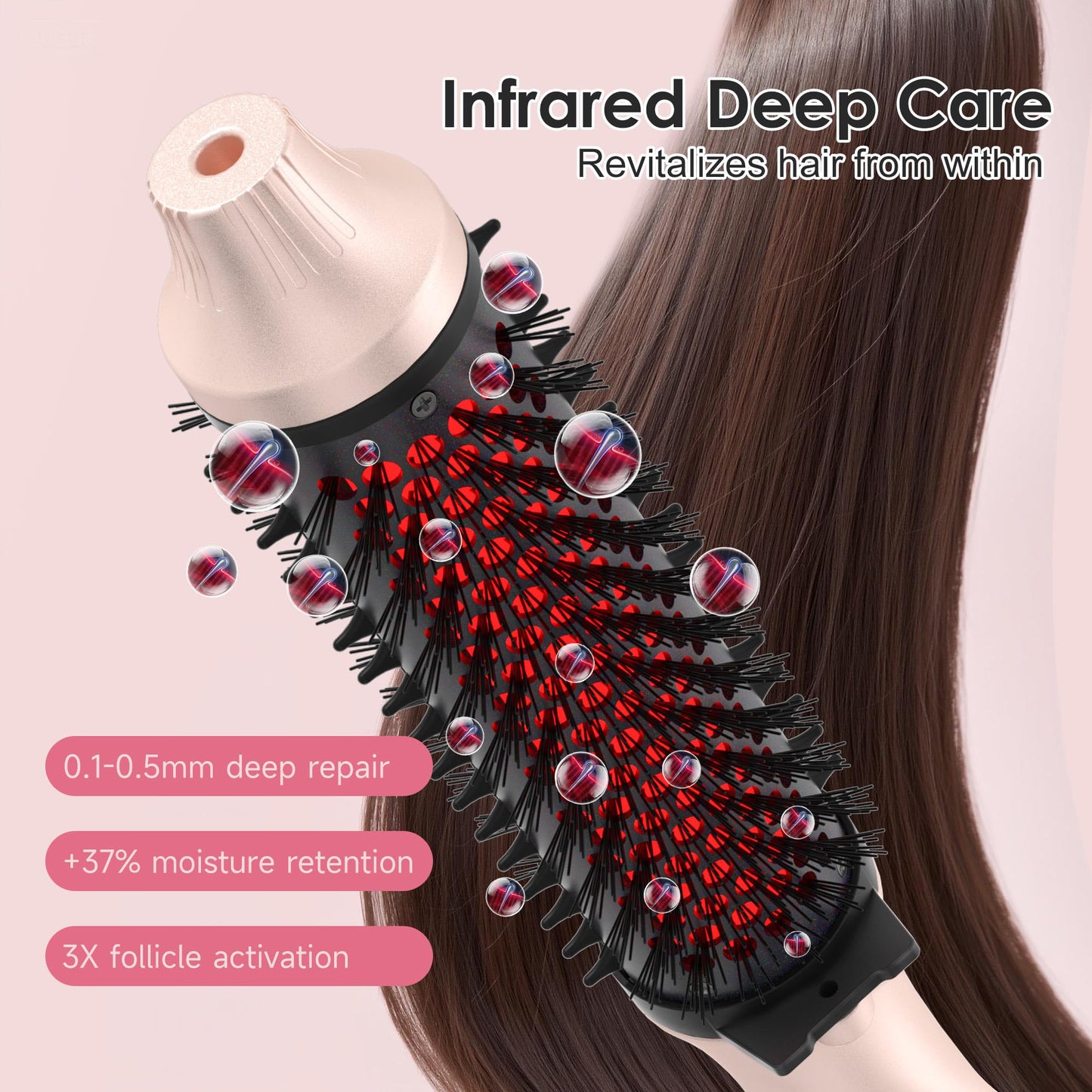 GOLD TIME 2-in-1 heated round brush creating voluminous curls on long hair