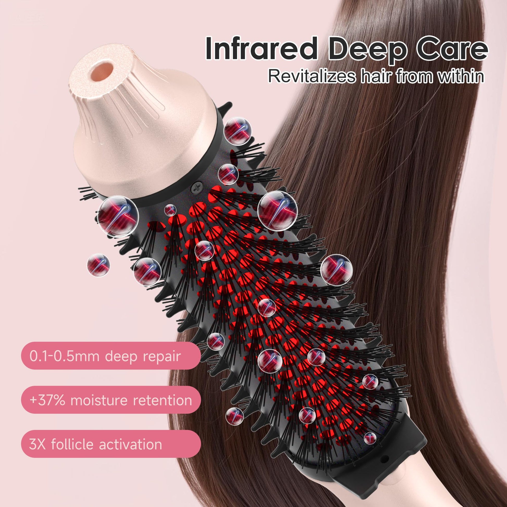 GOLD TIME 2-in-1 heated round brush creating voluminous curls on long hair