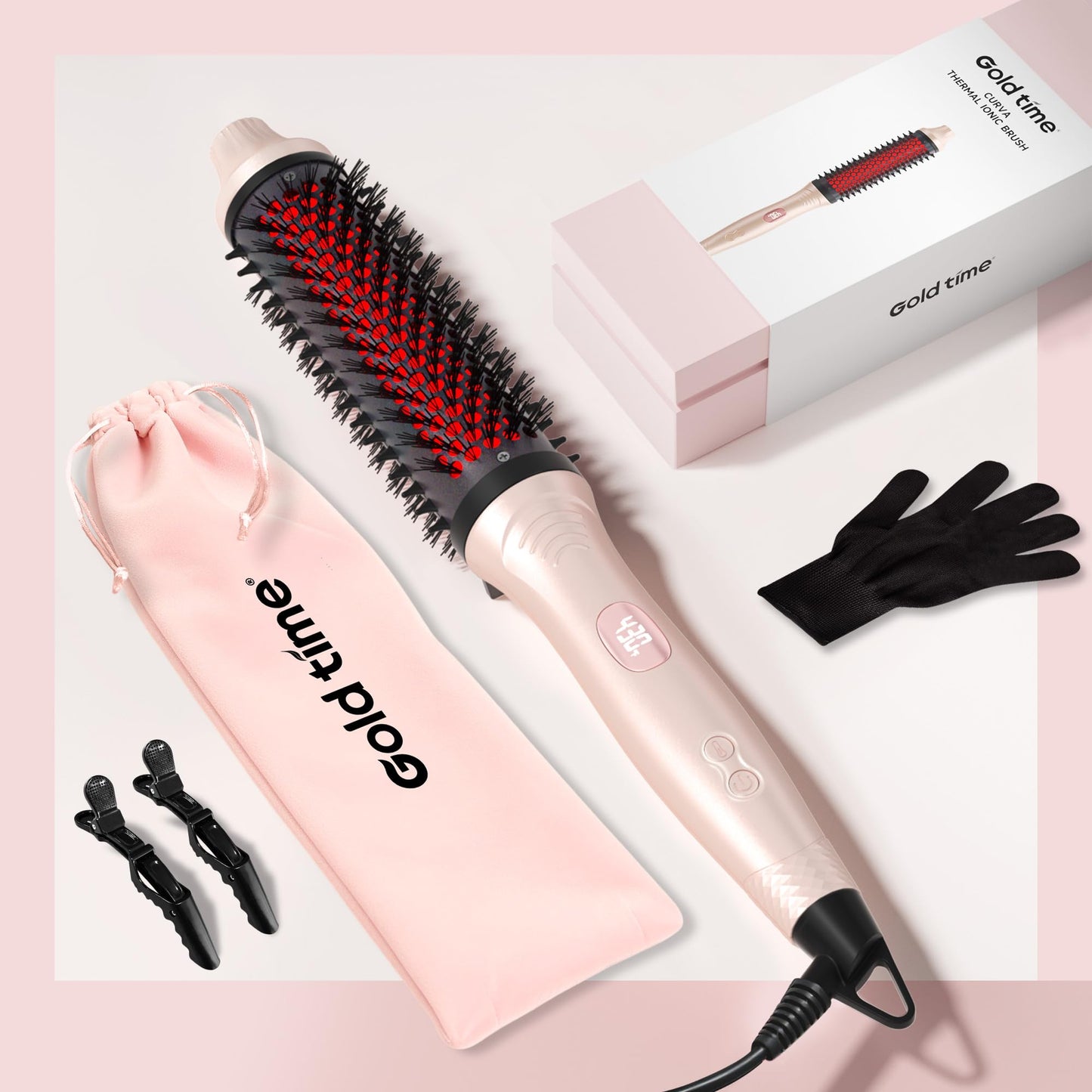 A flat lay of the GOLD TIME professional ionic round brush styler highlighting its premium matte finish