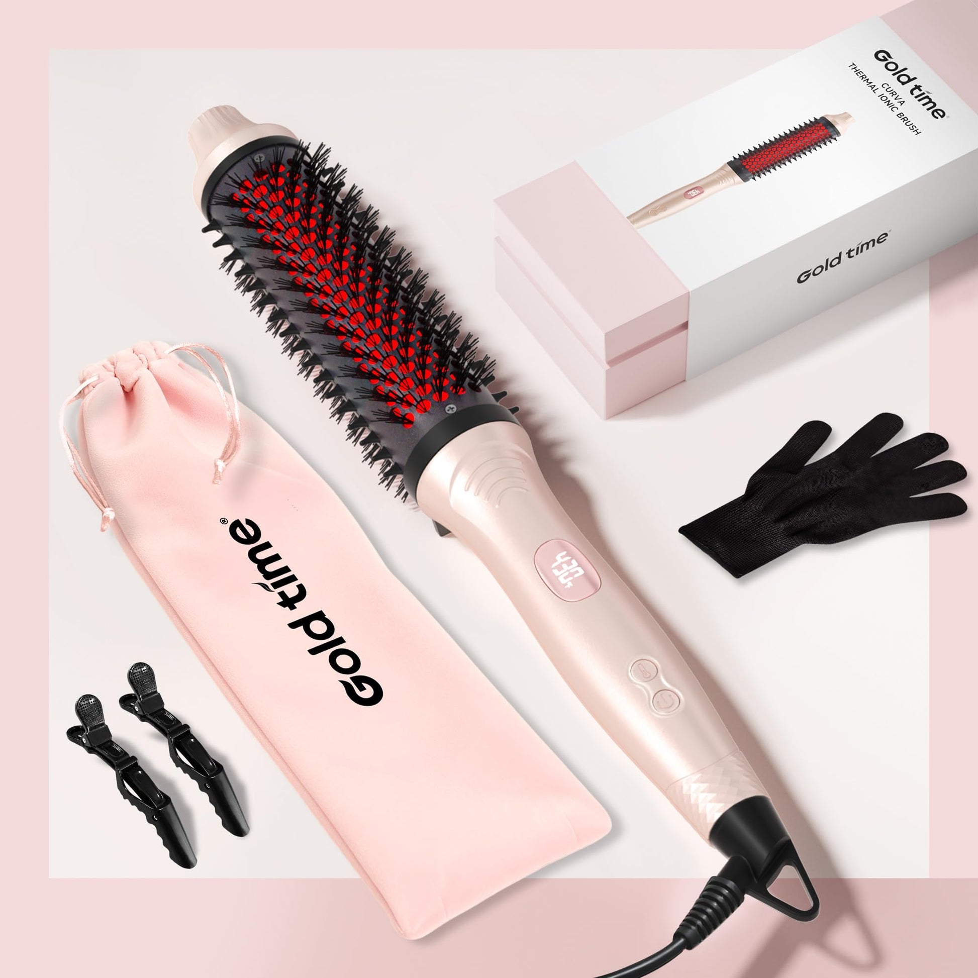A flat lay of the GOLD TIME professional ionic round brush styler highlighting its premium matte finish