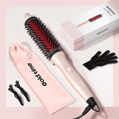 A flat lay of the GOLD TIME professional ionic round brush styler highlighting its premium matte finish
