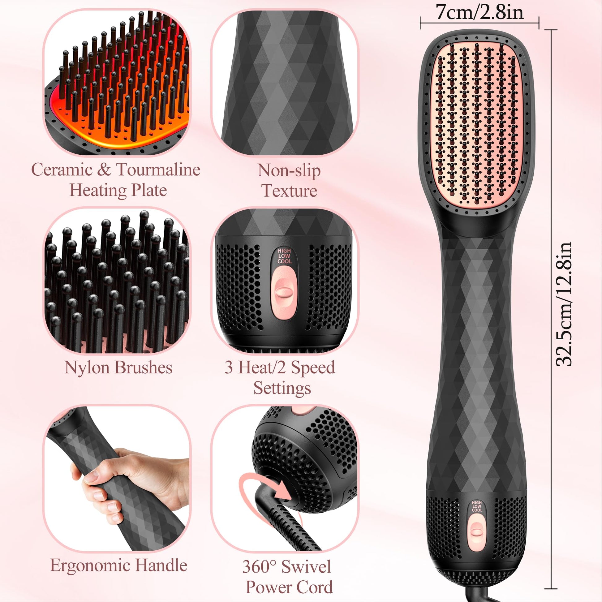 VIGNONY 1200W blow dryer brush showing the tangle-free nylon pin bristles designed for detangling hair.