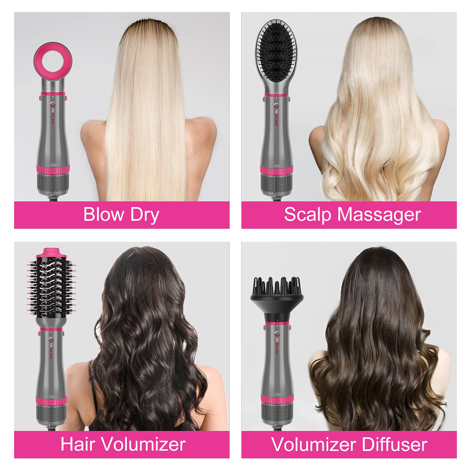 IG INGLAM detachable hair dryer brush set with interchangeable comb heads displayed vertically
