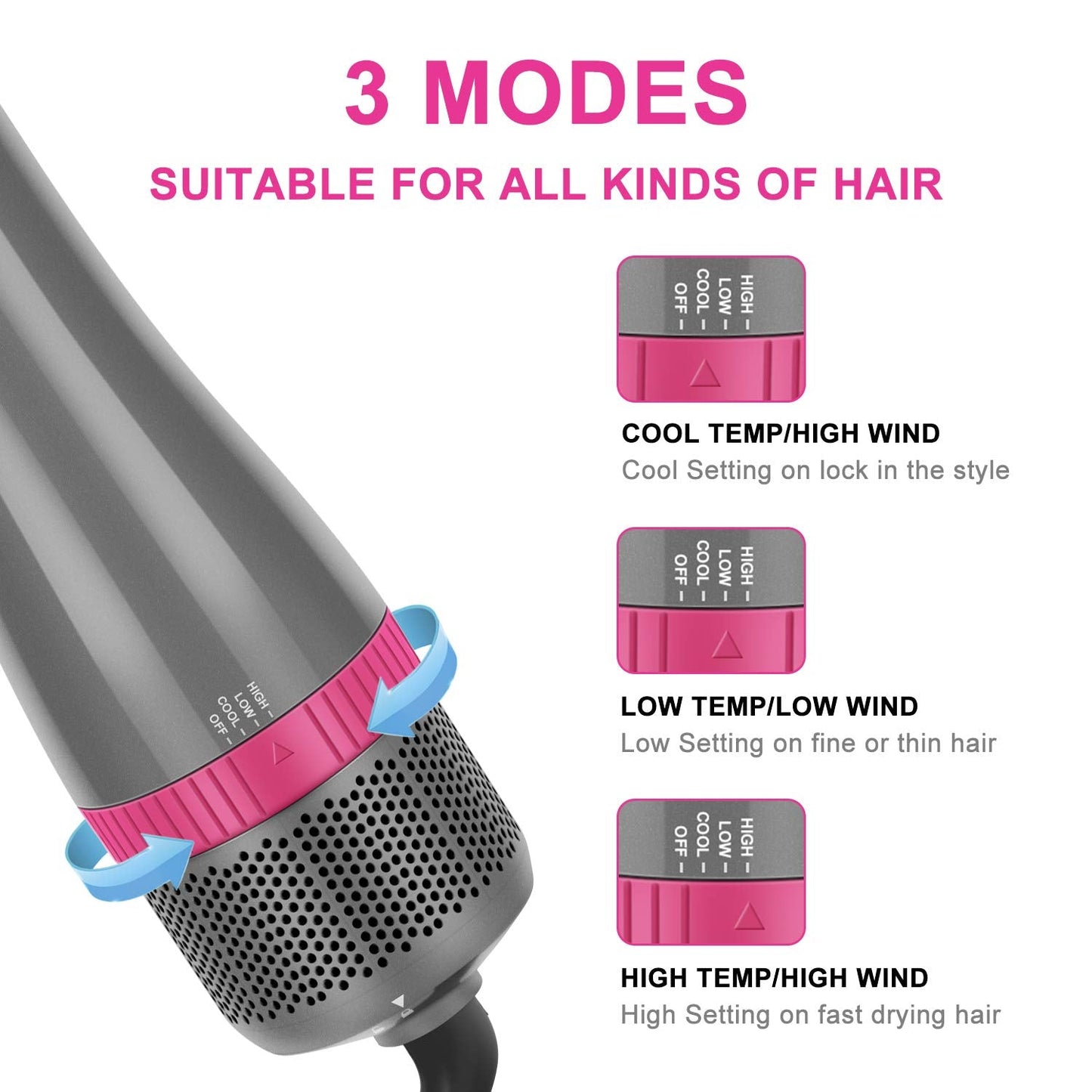 IG INGLAM multi styler tool showcasing the three modes heat setting switch on the ergonomic handle