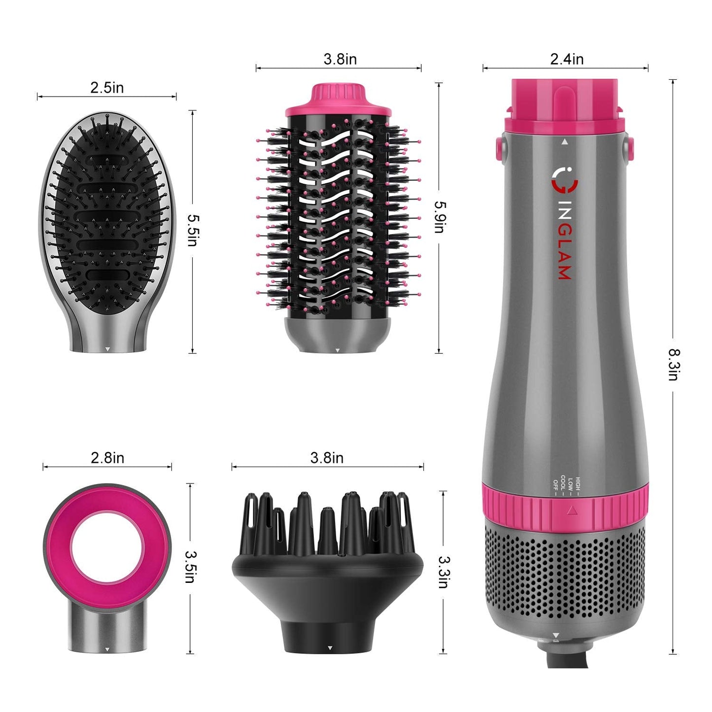 IG INGLAM silver hot air brush showing the 360 degree swivel power cord attachment base