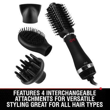 CHI professional hot air brush displayed with all four interchangeable attachments for versatile styling.