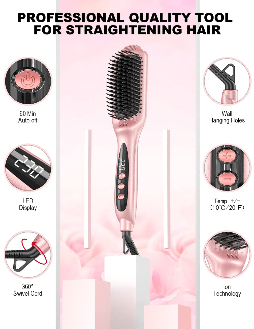 LANDOT professional hair brush being held to demonstrate the ergonomic handle grip.