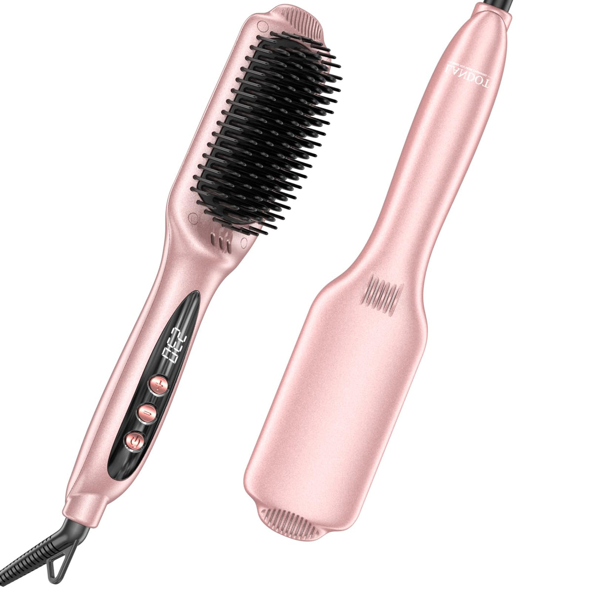 LANDOT dual voltage hair straightener brush showing the swivel cord attachment for easy movement.