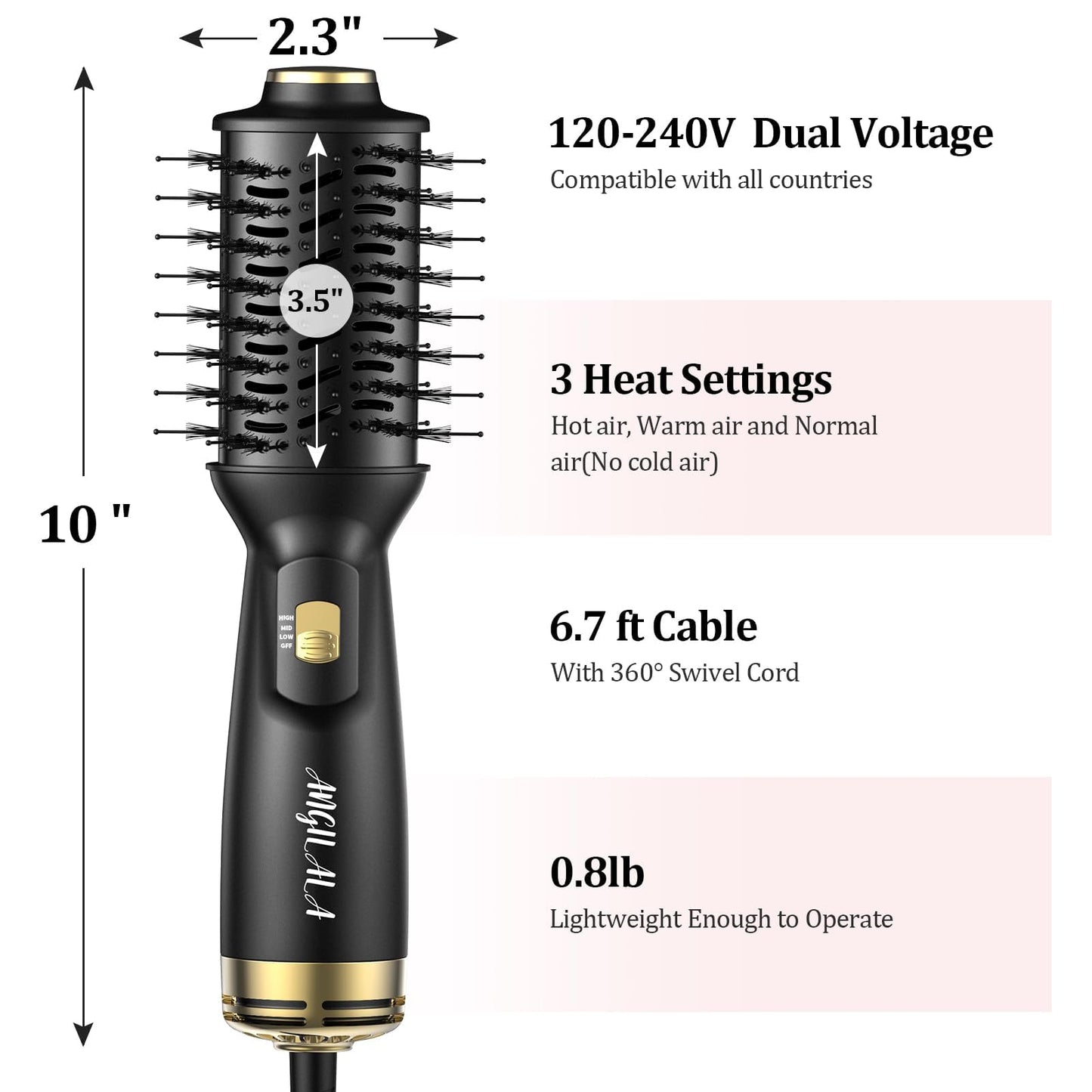 ANGILALA mini blow dryer brush close up on the high quality pure boar bristle alignment.