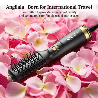 ANGILALA dual voltage hot air brush complete travel set including the product box and United Kingdom adapter plug.