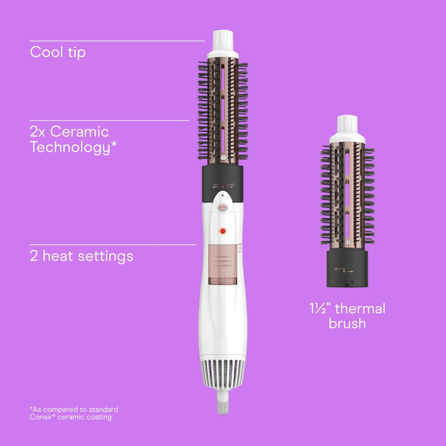 Conair dual hot air styler showcasing the one and one quarter inch attachment for soft curls.