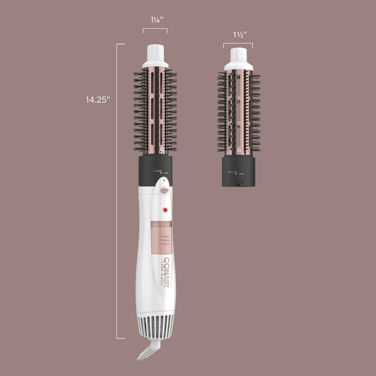 Conair one thousand watt thermal brush attachment designed for adding volume to fine hair.
