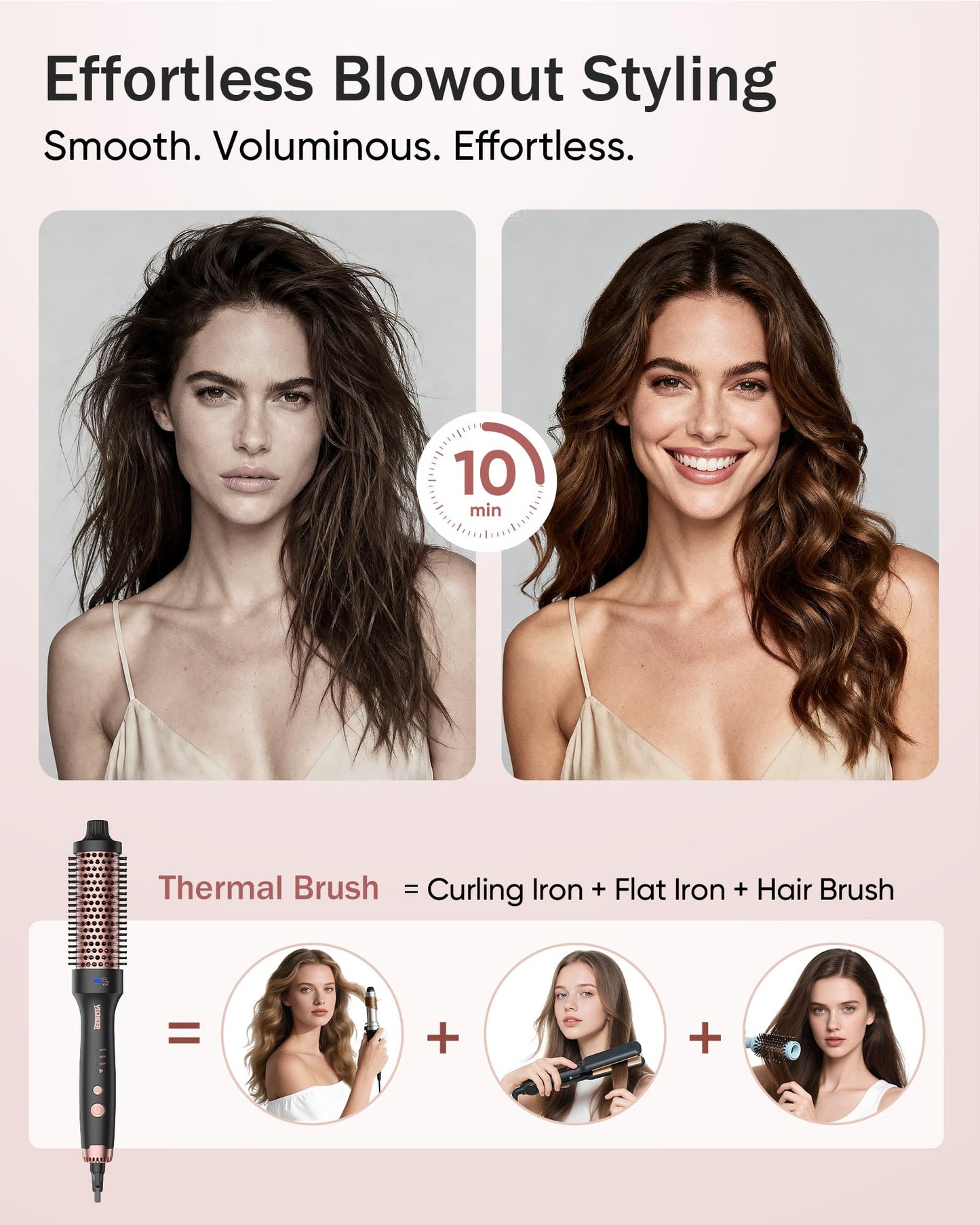 YeCheer thermal round brush being used to create volume and a blowout look on sleek hair.