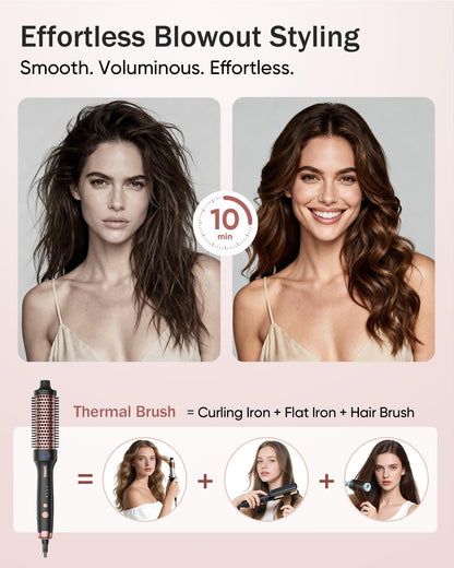 YeCheer thermal round brush being used to create volume and a blowout look on sleek hair.