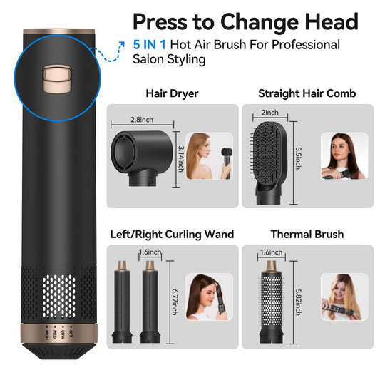 LNSTN multi functional hair dryer brush set with five detachable styling attachments displayed