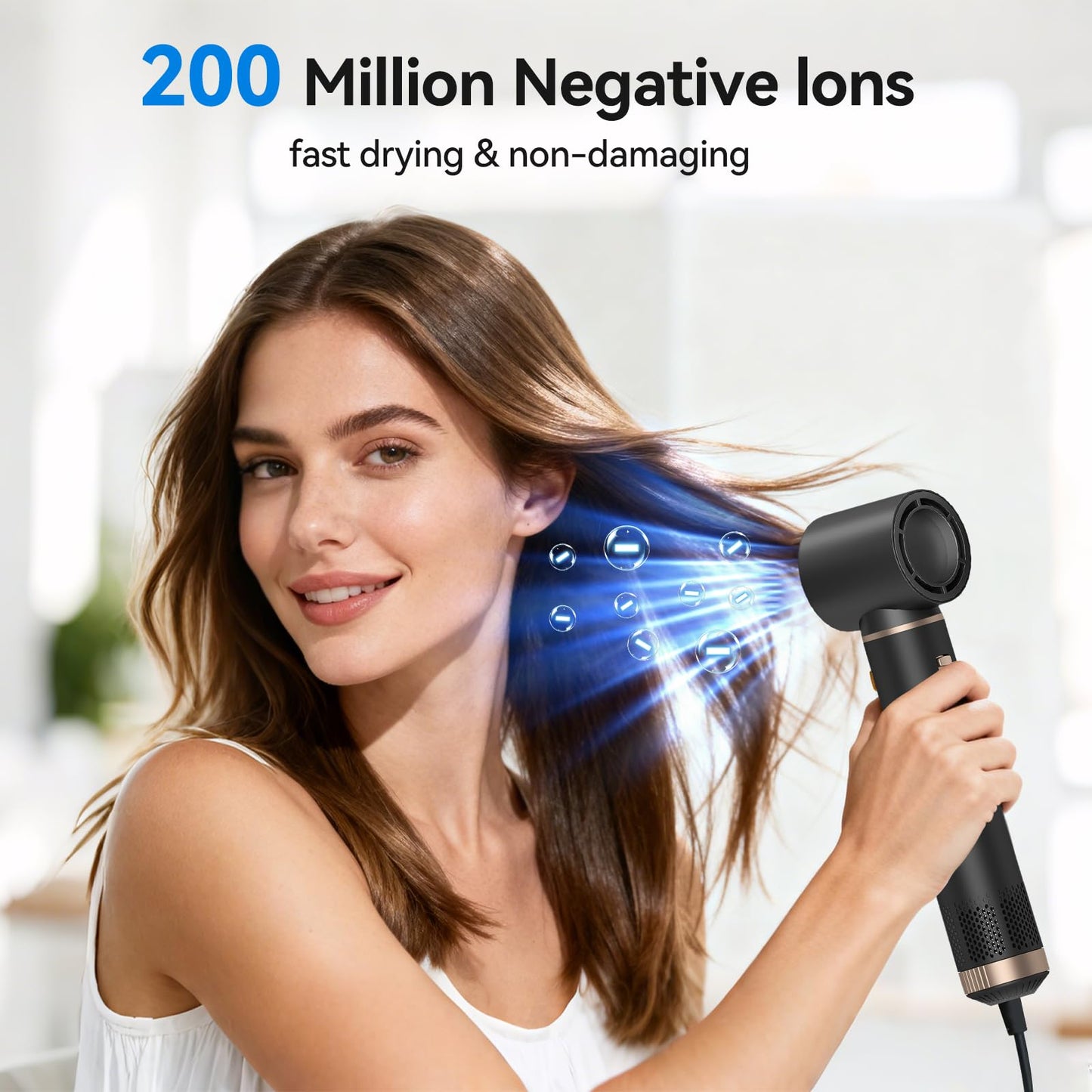 Close up view of the negative ion hair styler brush head showing the detangling bristle design