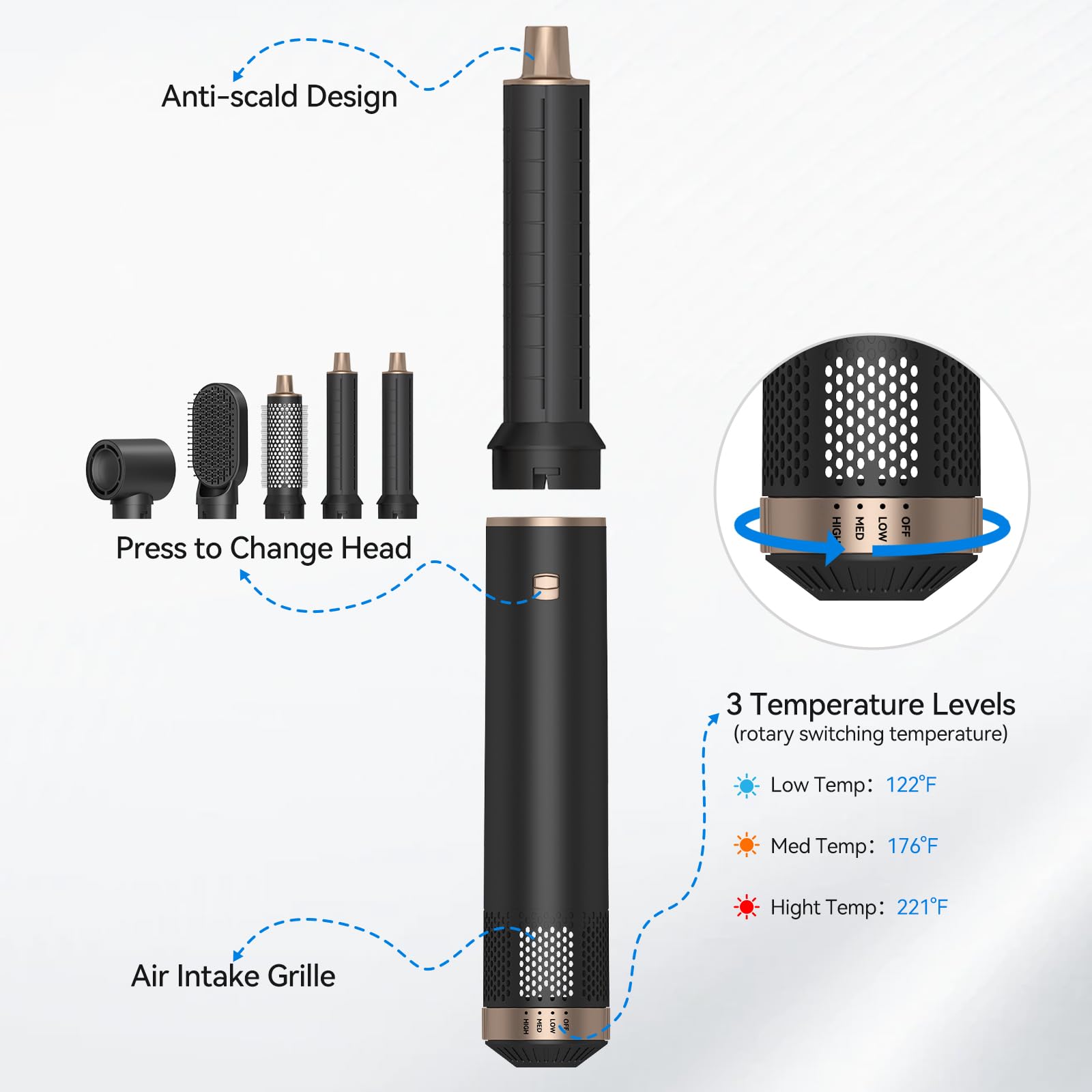 LNSTN hot air brush handle showing the speed and temperature control buttons