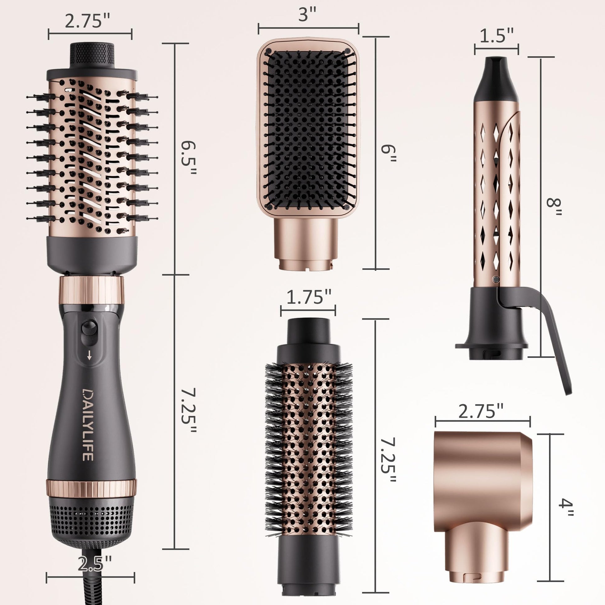 DAILYLIFE professional hot air styler kit demonstrating all five attachments for diverse hair types