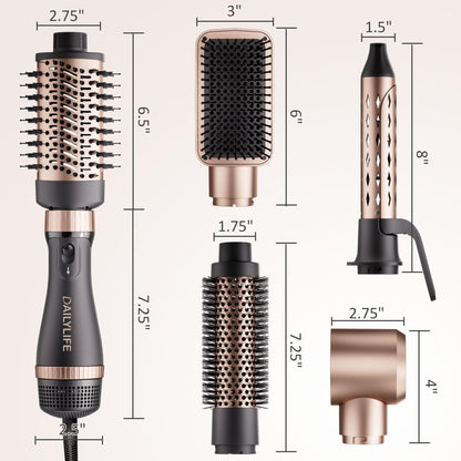 DAILYLIFE professional hot air styler kit demonstrating all five attachments for diverse hair types