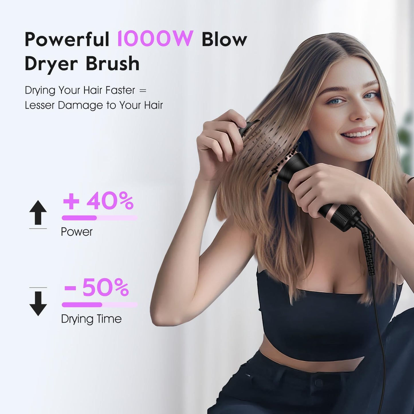 Slopehill travel hot air styler lifestyle shot highlighting the compact nine point five inch ergonomic handle.