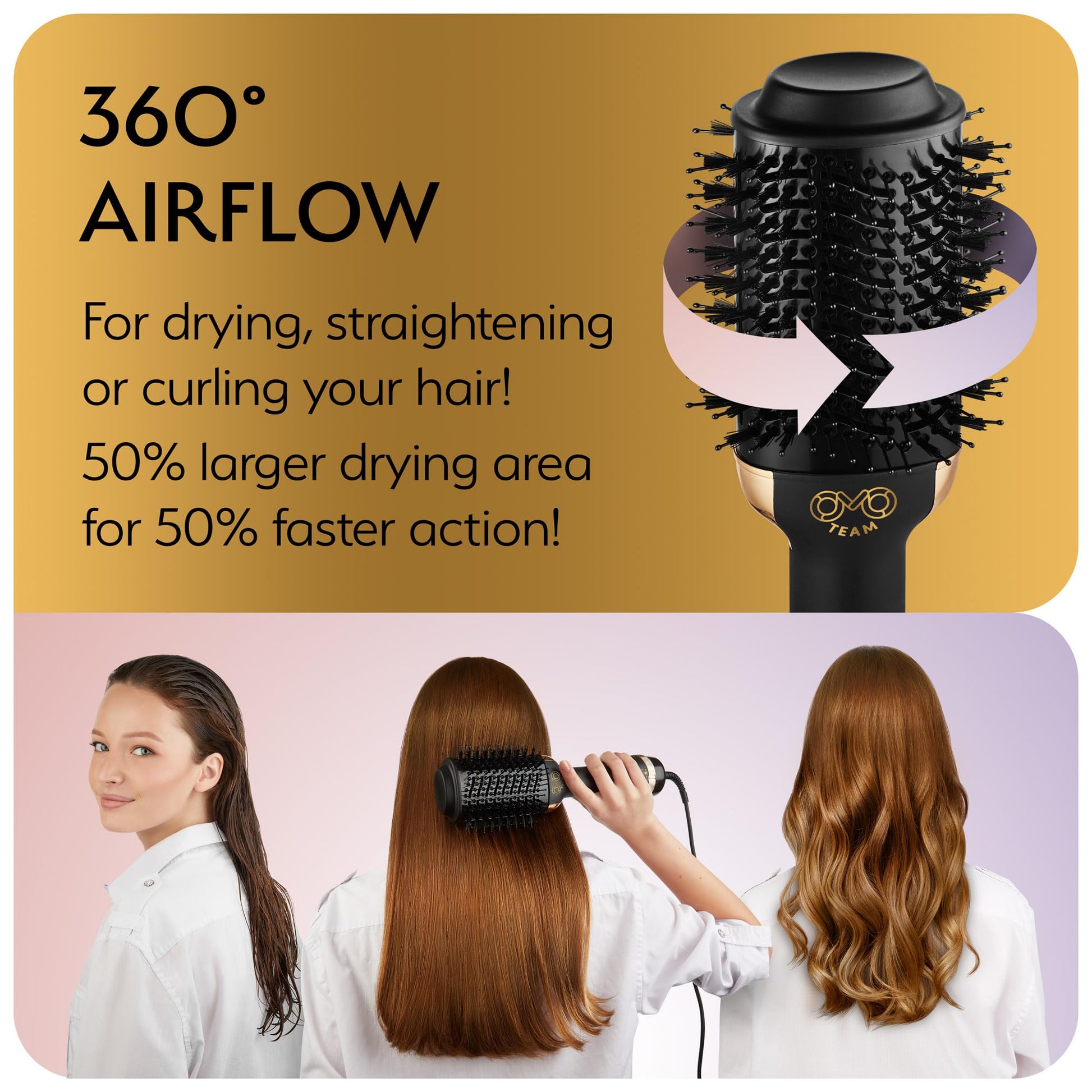 Side angle of OMOteam 75MM oval hot air styler detailing the airflow vents