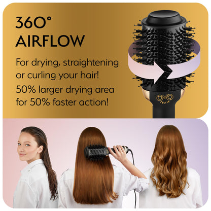 Side angle of OMOteam 75MM oval hot air styler detailing the airflow vents