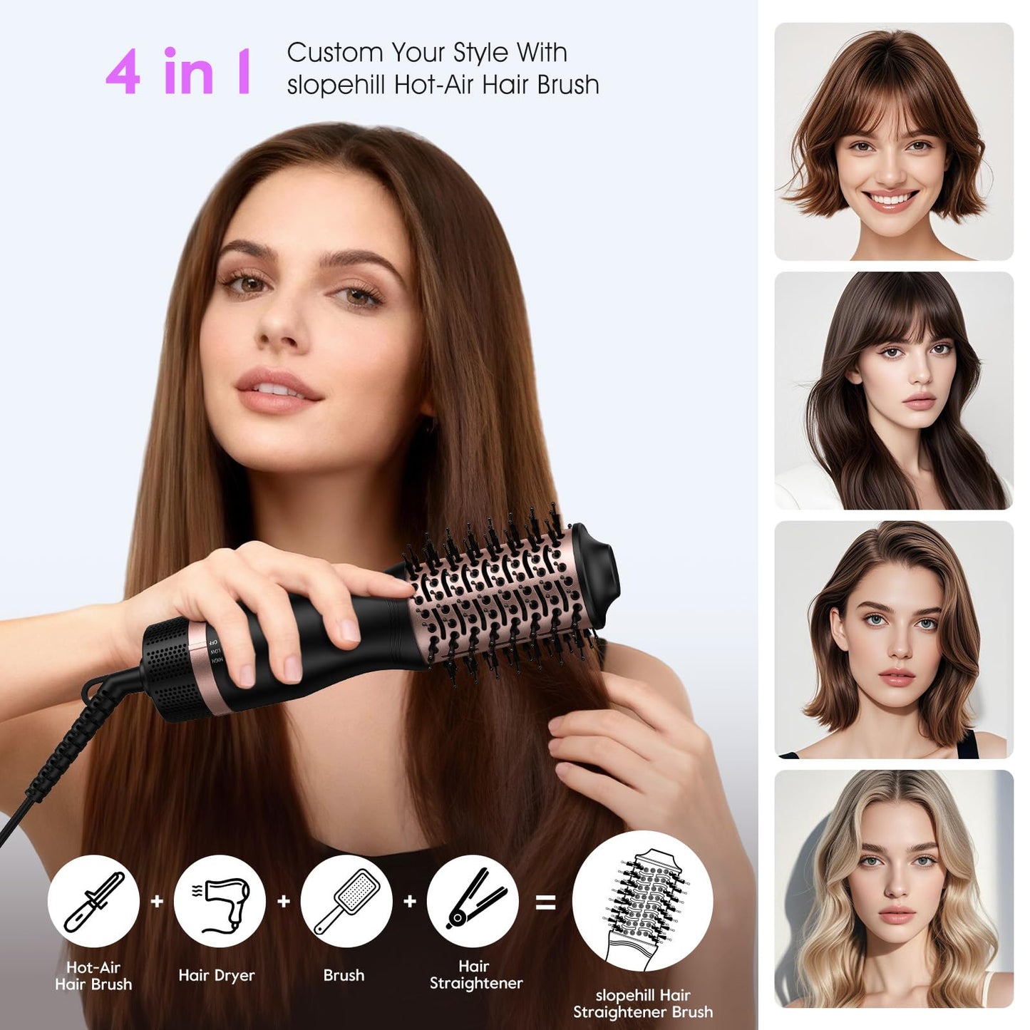 Slopehill dual voltage styling brush close up view of the frizz reducing ionic technology bristles.