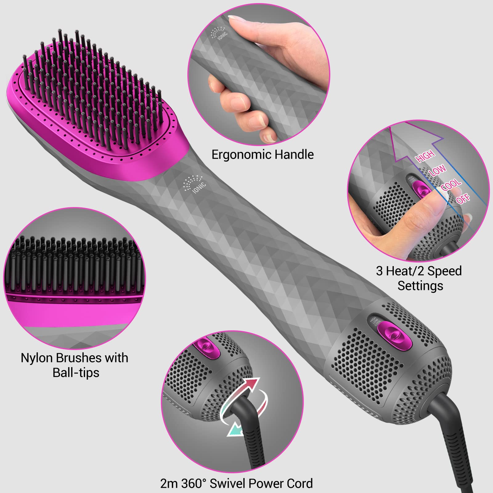 APOKE ceramic tourmaline hot air brush showcasing the ergonomic gray handle and three position temperature control dial.