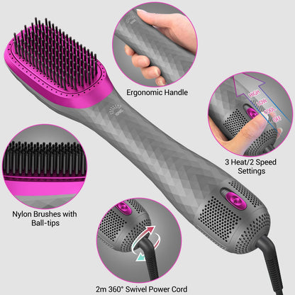 APOKE ceramic tourmaline hot air brush showcasing the ergonomic gray handle and three position temperature control dial.