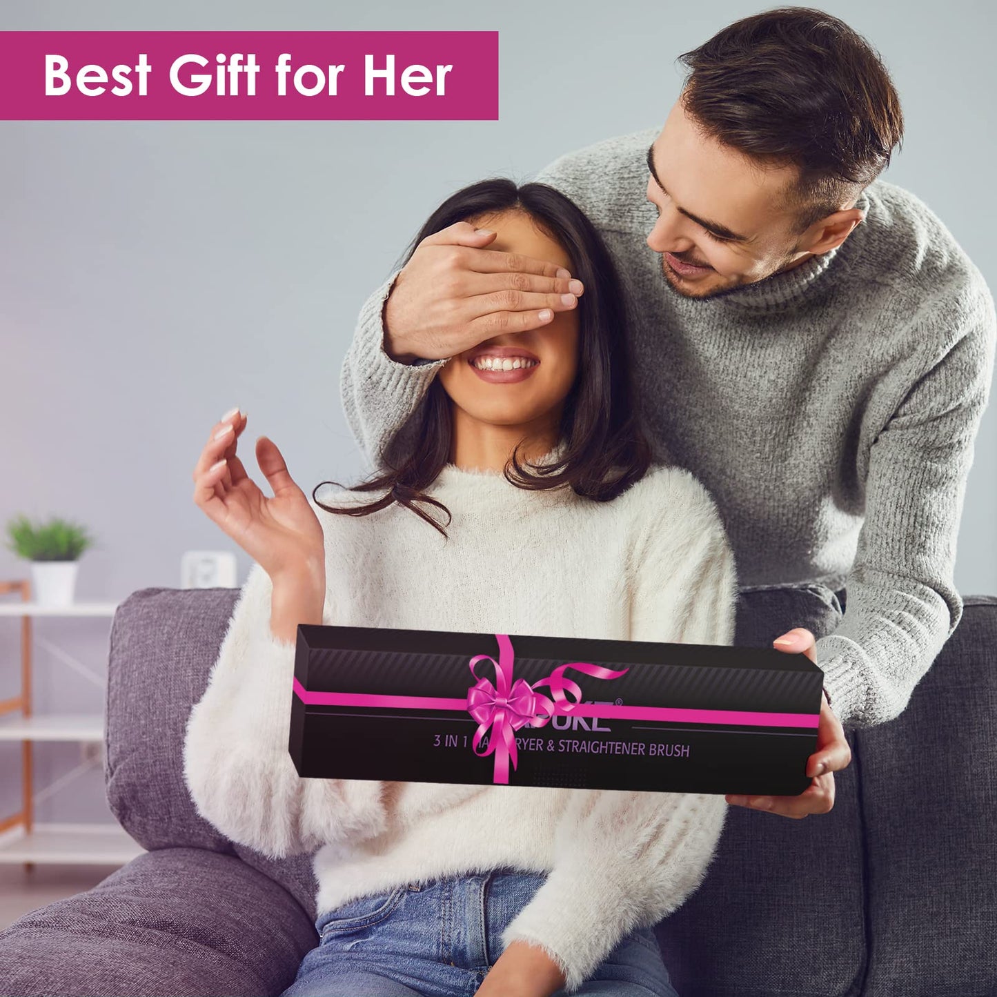 APOKE salon grade hair dryer brush packaging box layout highlighting the main ceramic tourmaline heat protection features.