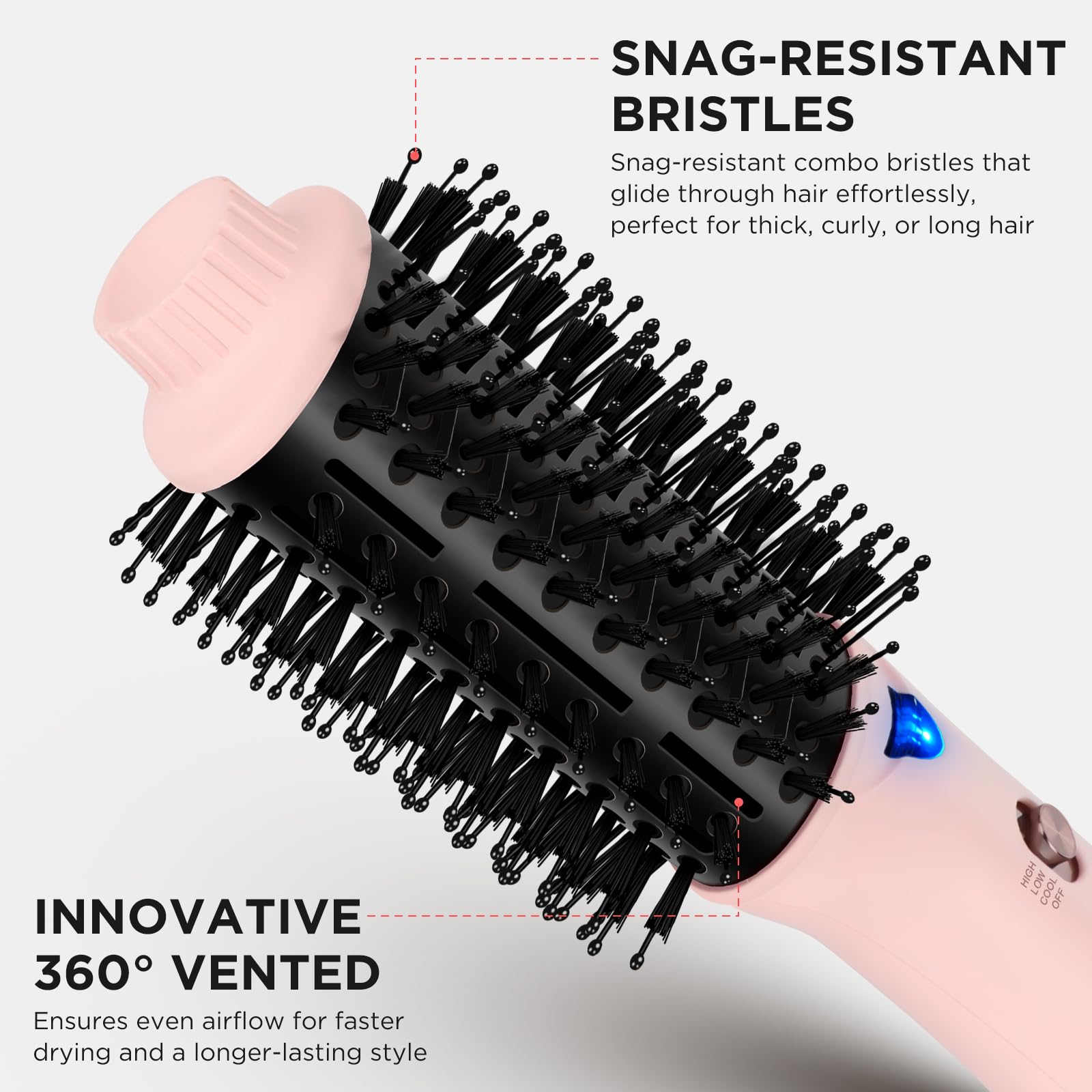 Aima Beauty professional blowout brush angled view demonstrating the ergonomic handle grip.