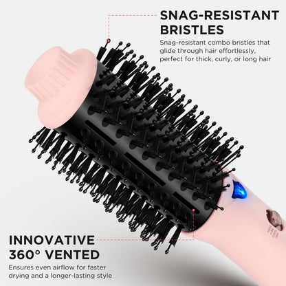 Aima Beauty professional blowout brush angled view demonstrating the ergonomic handle grip.