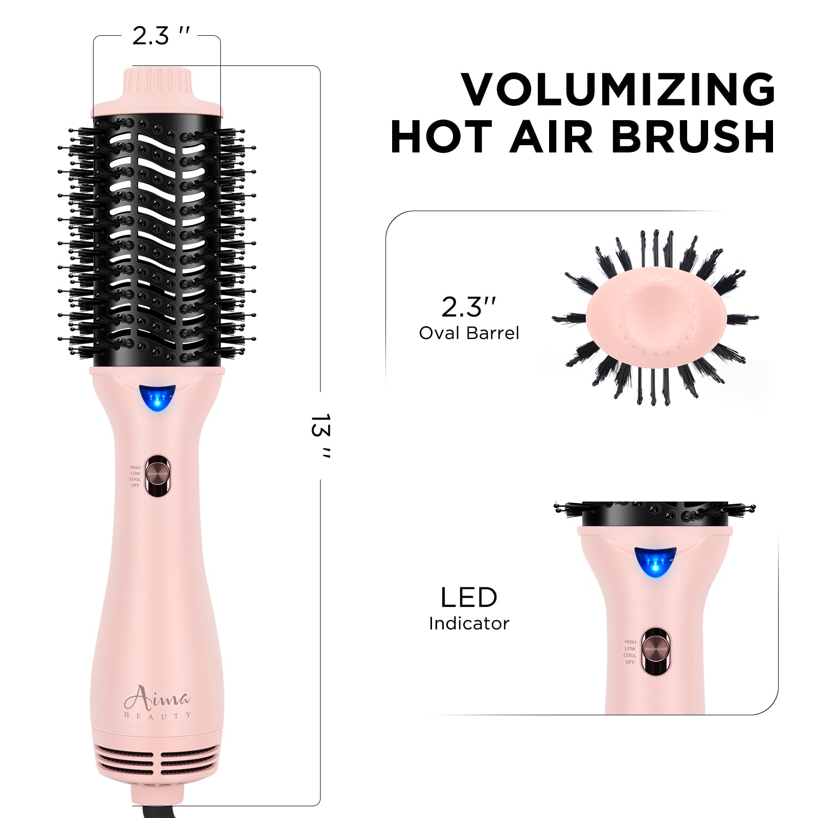 Aima Beauty ionic hair straightener brush held at an angle emphasizing product dimensions.