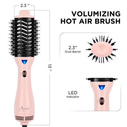 Aima Beauty ionic hair straightener brush held at an angle emphasizing product dimensions.